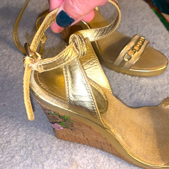 Coach,10-Gold Canvas Ankle Strap Wedges - Picture 3 of 10